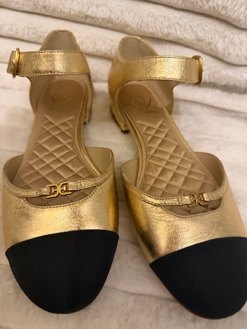 Sam Edelman Gold and Black Quilted Toe-Strap Flats